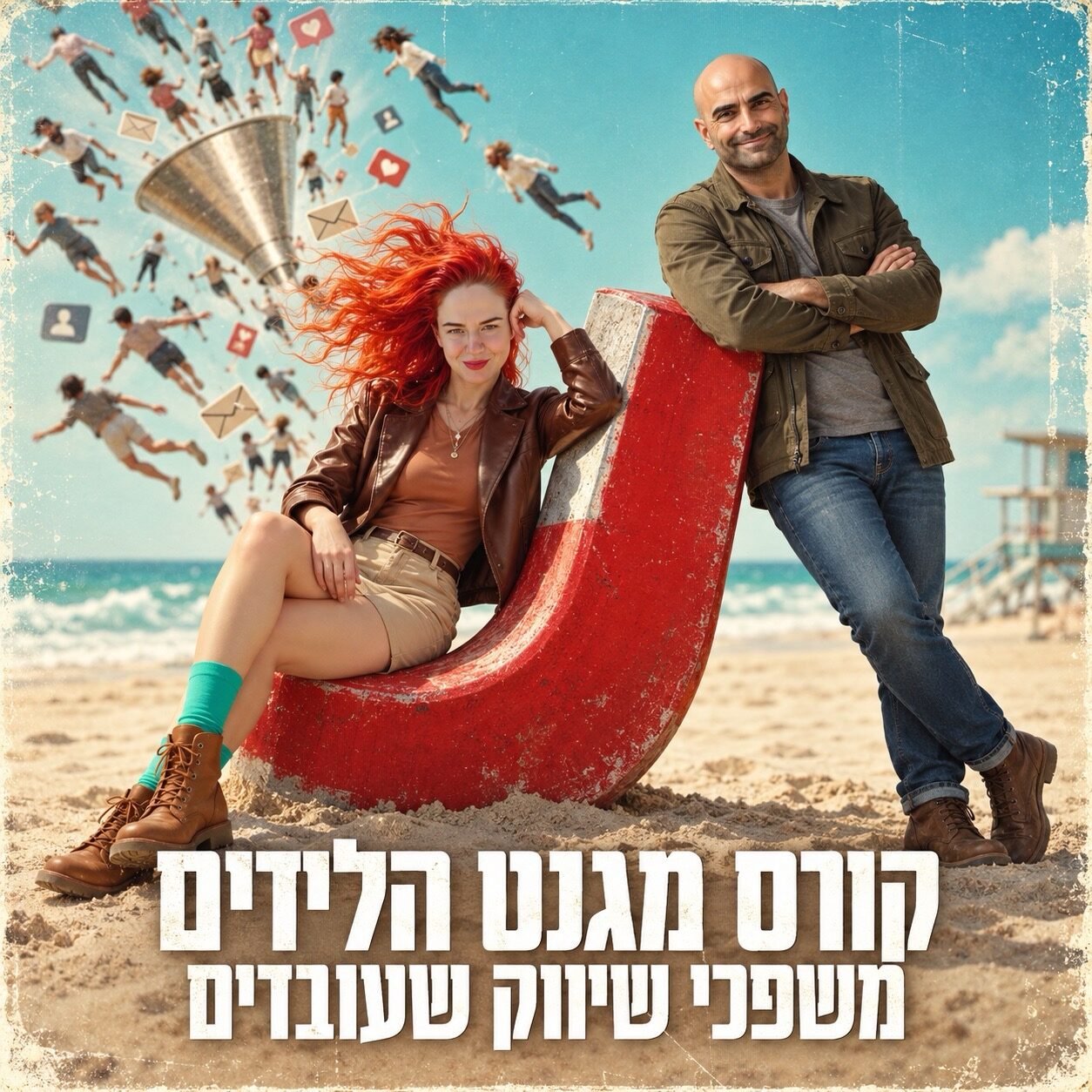 מירב וג׳קי לצד משפך ענק שמושך לידים